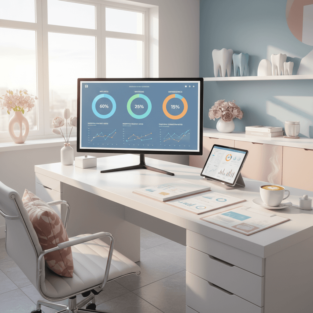 Modern dental clinic workspace with computer, tablet, patient files, and warm lighting.
