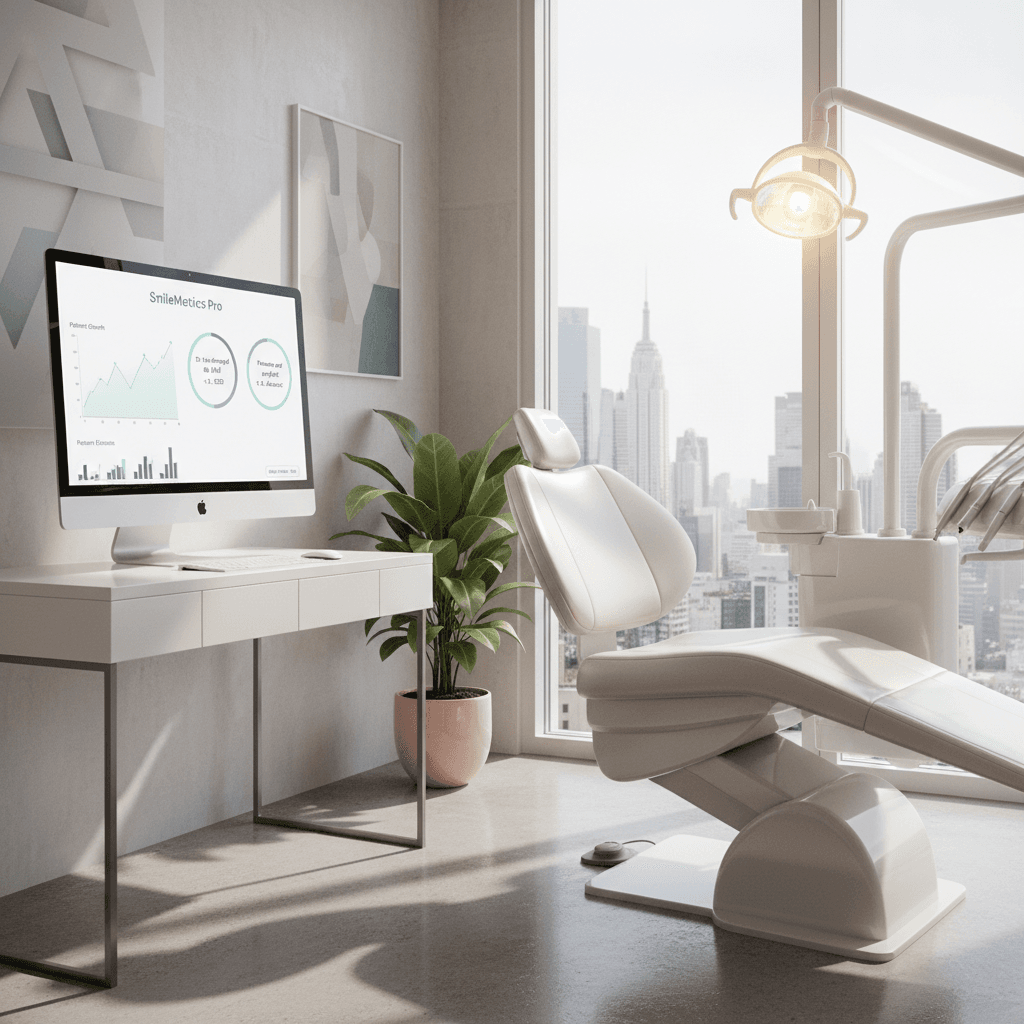 Modern dental clinic workspace with computer, treatment chair, and warm lighting in city setting.