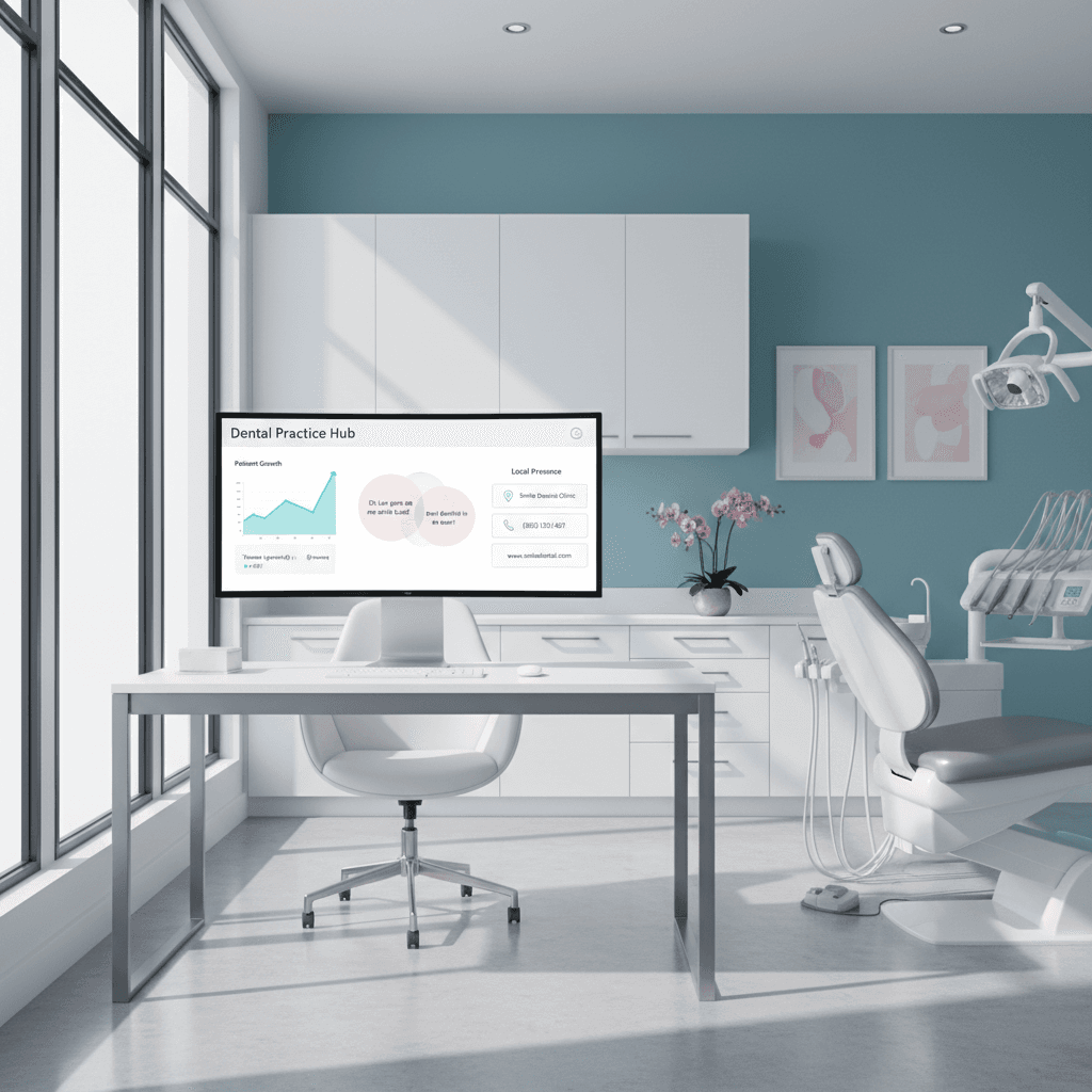 Modern dental clinic workspace with digital dashboard, growth charts, and testimonials in bright, clean setting.