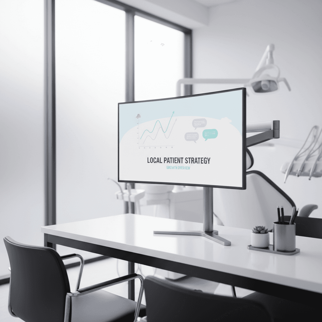 Modern dental clinic workspace with digital dashboard, white and pink accents, and calming blue tones.