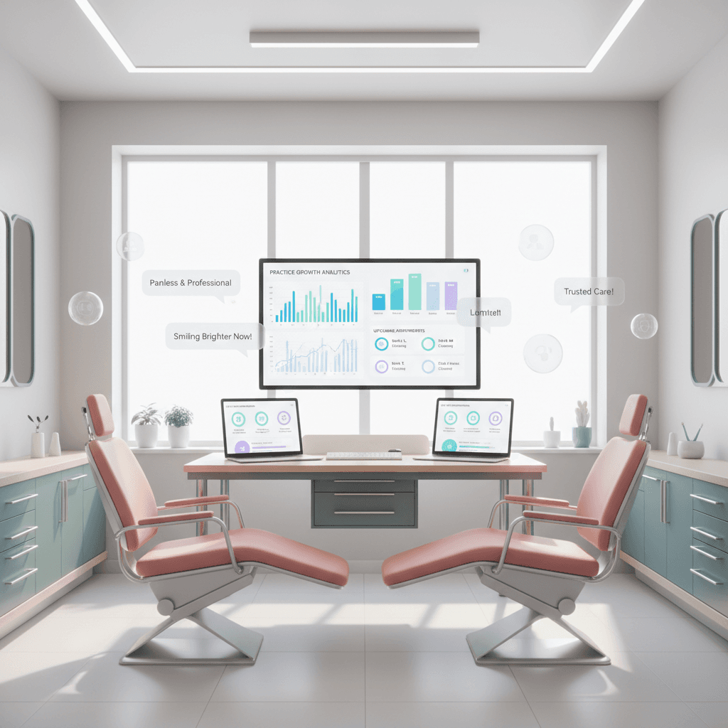 Modern dental clinic workspace with digital dashboard, devices, and trust-building testimonials.