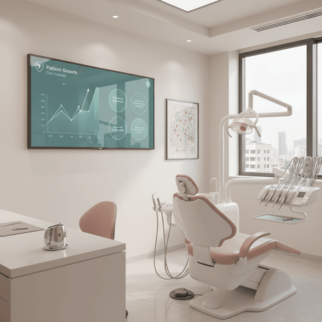 Modern dental clinic workspace with digital dashboard, treatment area, city map, and dental tools.
