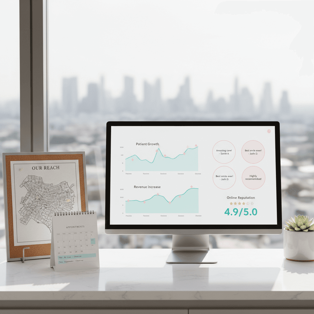 Modern dental clinic workspace with digital dashboard, local map, calendar, and city view.