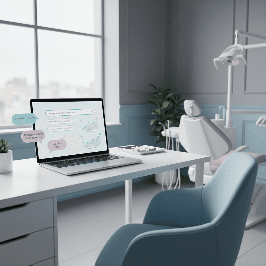 Modern dental clinic workspace with laptop displaying dental dashboard, growth charts, and testimonials.