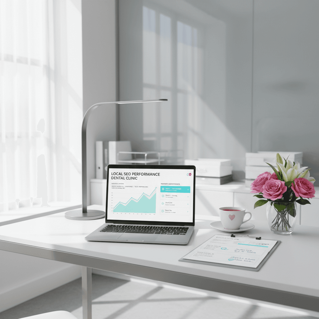 Modern dental clinic workspace with laptop, treatment plans, coffee, and flowers in bright lighting.