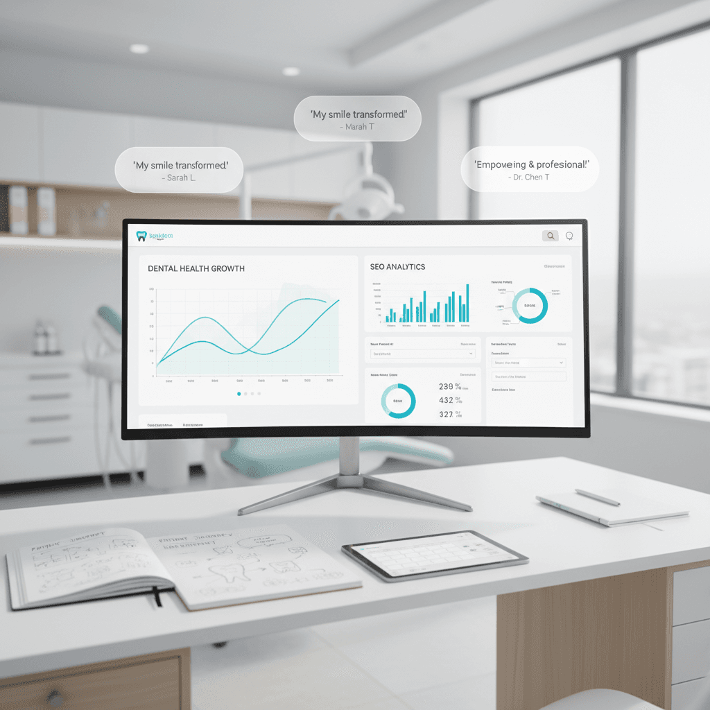 Modern dental clinic workspace with monitor displaying growth charts, notebooks, and testimonial bubbles.