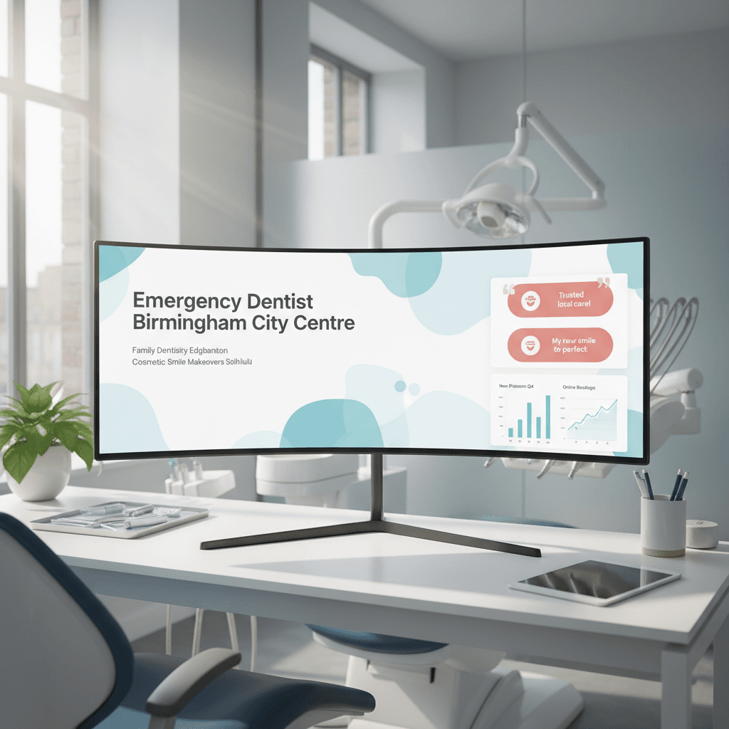 Modern dental clinic workspace with monitor displaying local dental service dashboards in clinical tones.