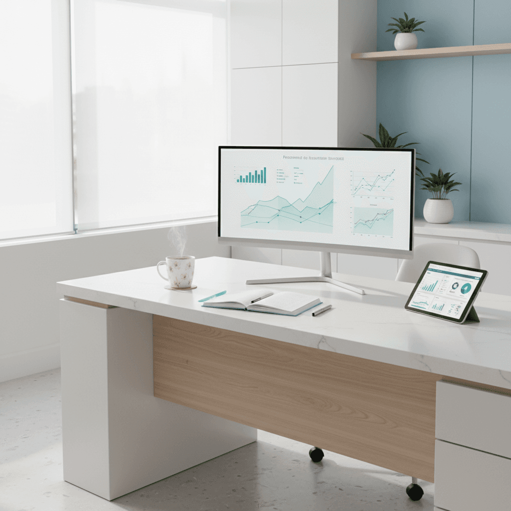 Modern dental clinic workspace with monitor, notebook, mug, and tablet on white surface.