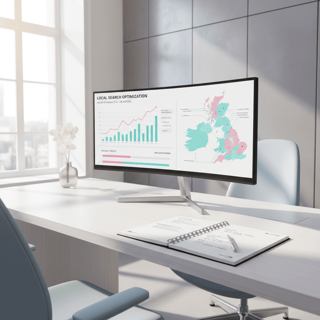 Modern dental clinic workspace with SEO dashboard, notes, and UK map in bright, clean setting.