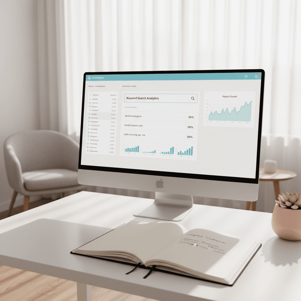 Modern dental consultation room with digital dashboard, notes, and soft pink accents.