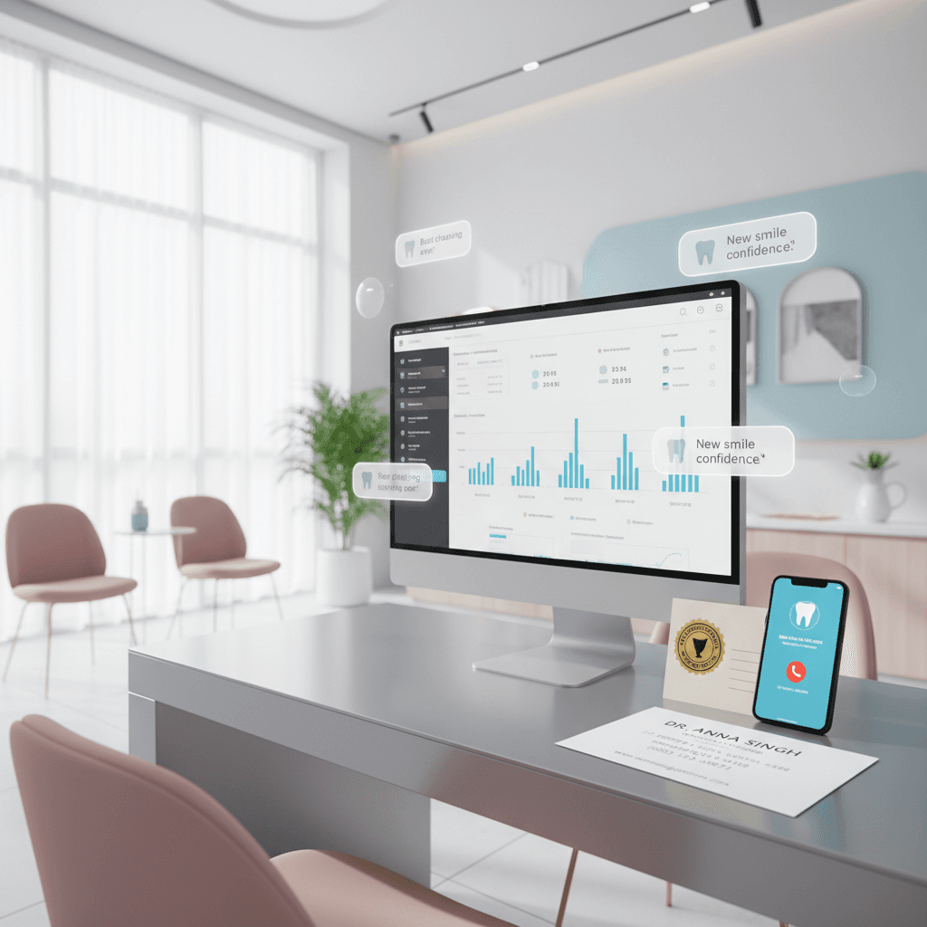 Modern dental office with digital dashboard, testimonial bubbles, contact info, and smartphone.