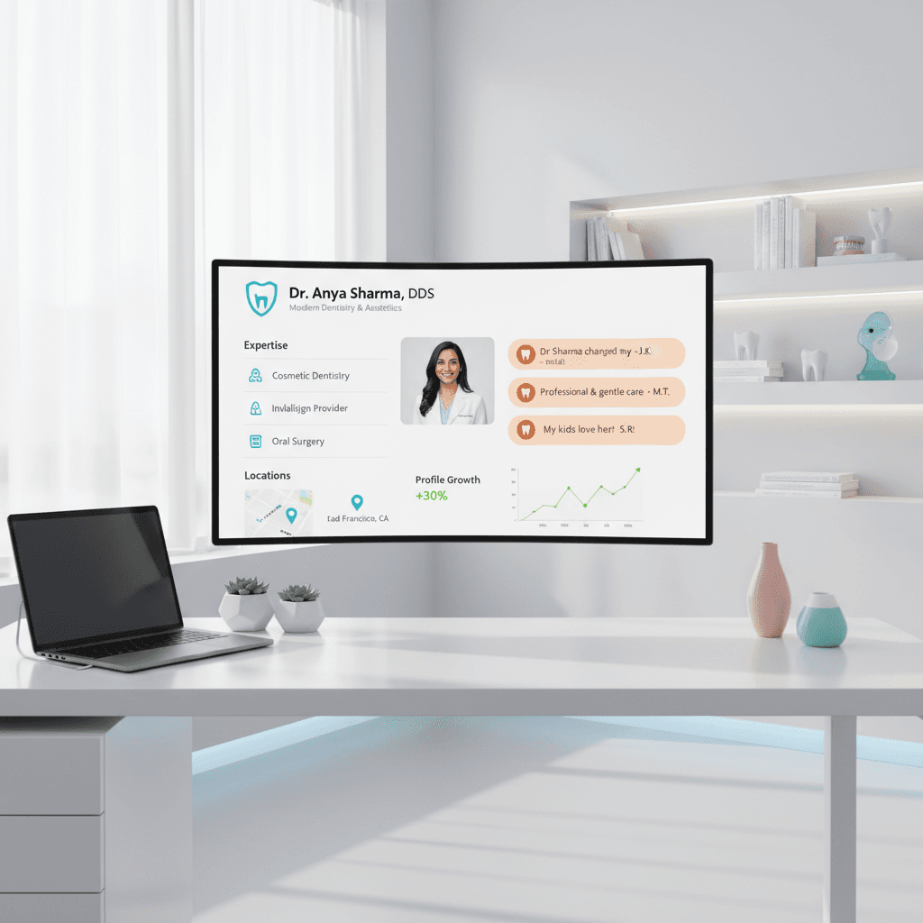 Modern dental office with digital workspace displaying a professional LinkedIn profile and growth chart.