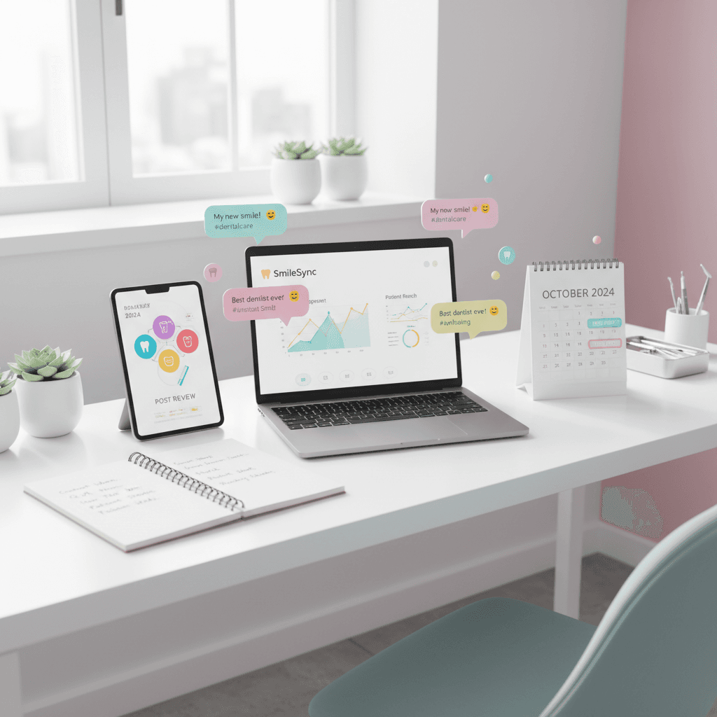 Modern dental office workspace with laptop, notebook, tablet, and calendar in bright, airy setting.