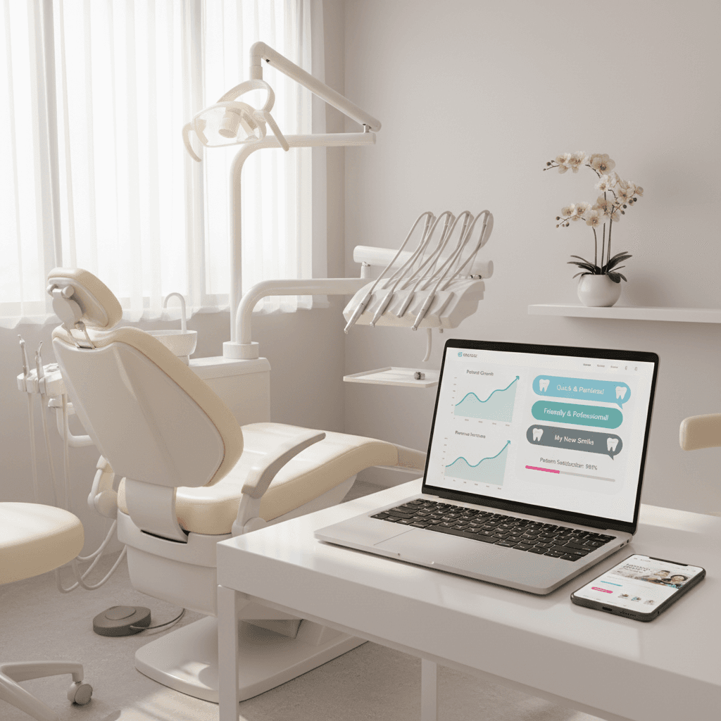 Modern dental treatment room with laptop, smartphone, dental tools, and trust-enhancing decor.
