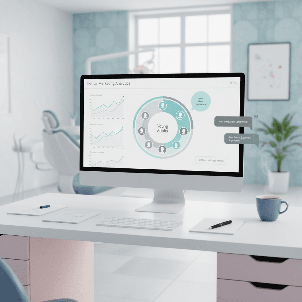 Modern dental workspace with a dashboard, notes, and coffee in a bright, clean clinic setting.