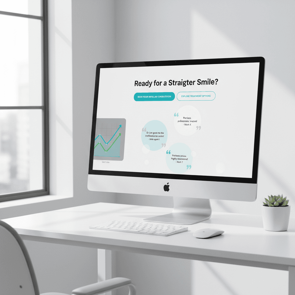 Modern dental workspace with computer displaying a booking dashboard, testimonials, and growth charts.