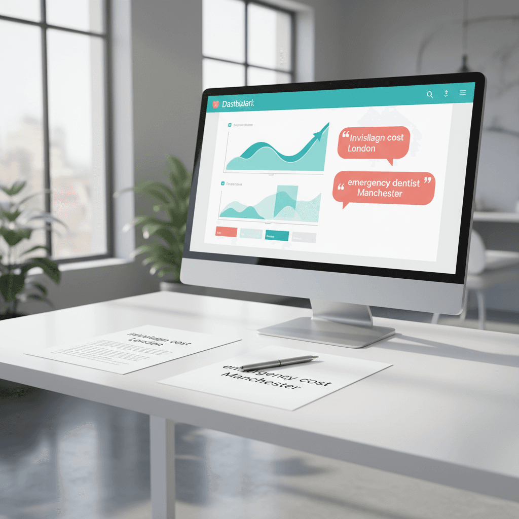 Modern dental workspace with computer displaying growth charts and patient search phrases.