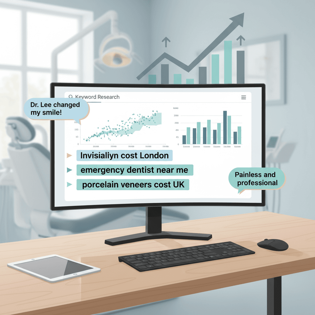Modern dental workspace with computer displaying keyword research and testimonial bubbles.