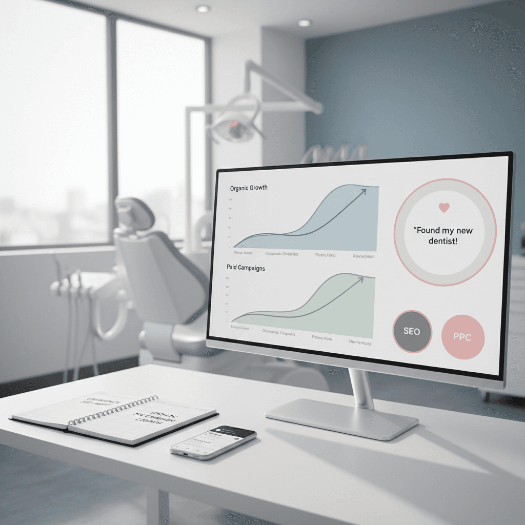 Modern dental workspace with digital charts, testimonial bubbles, planner, and smartphone in bright, clinical setting.