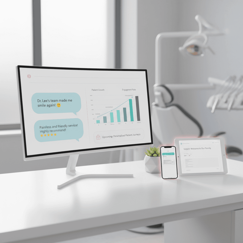 Modern dental workspace with digital dashboard, smartphone, and tablet in bright, clinical tones.