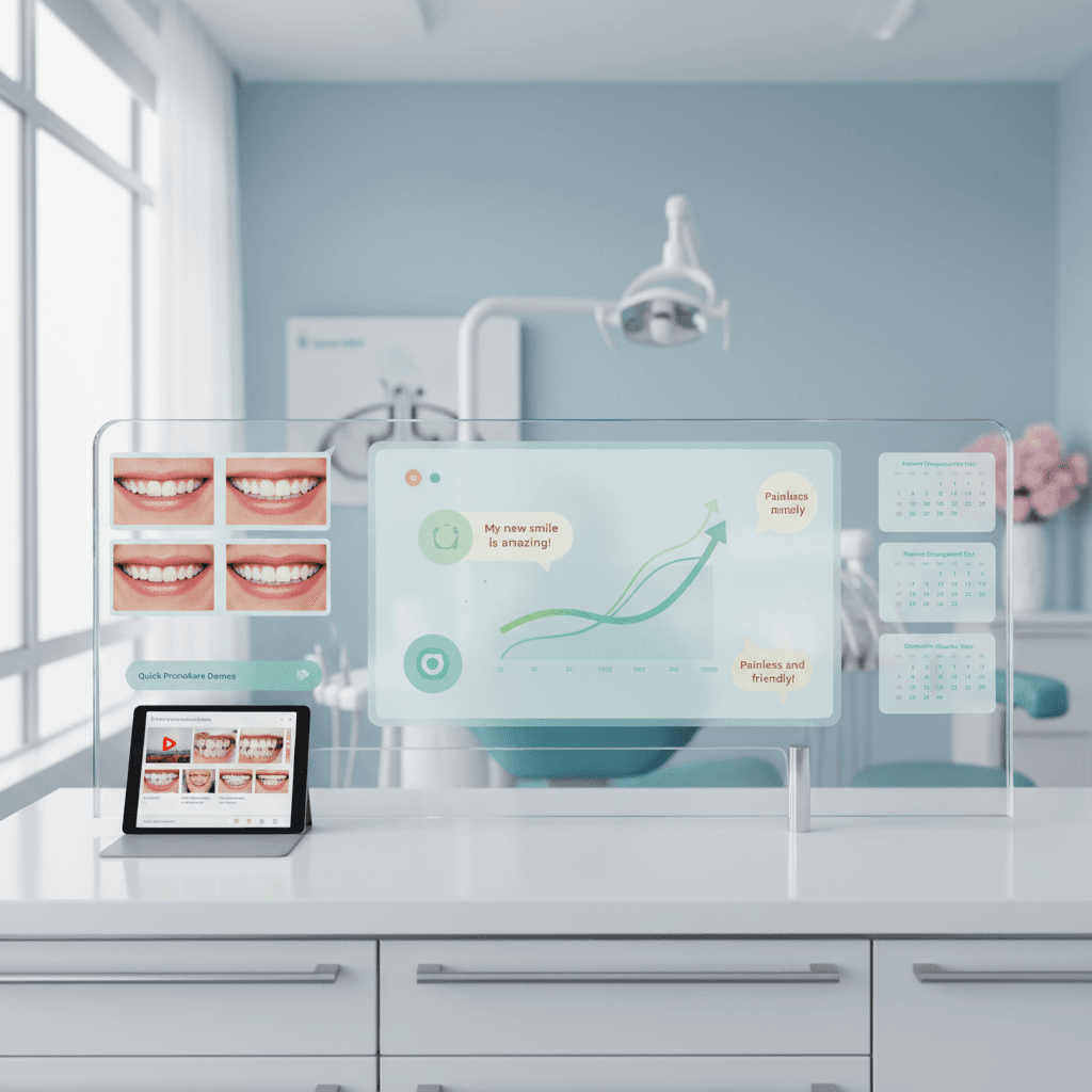 Modern dental workspace with digital dashboard, smile photos, video thumbnails, and calendar.