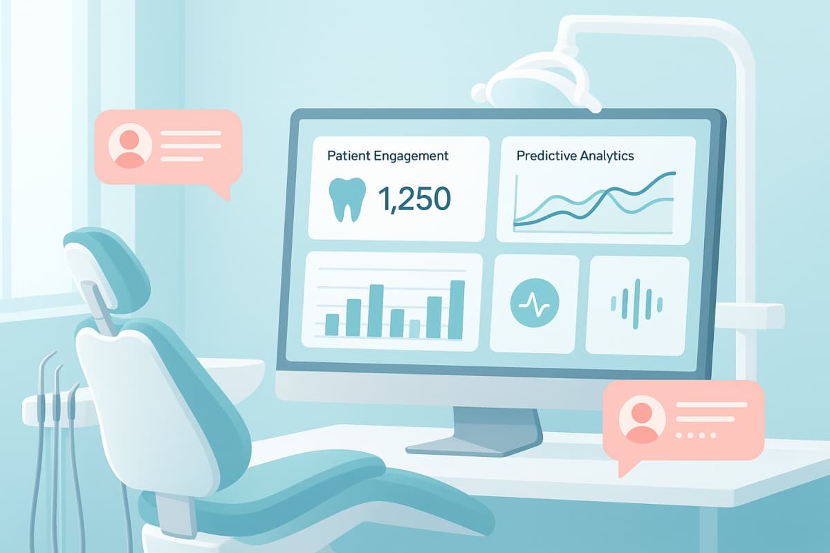 Modern dental workspace with digital dashboard, speech bubbles, and calming color palette.