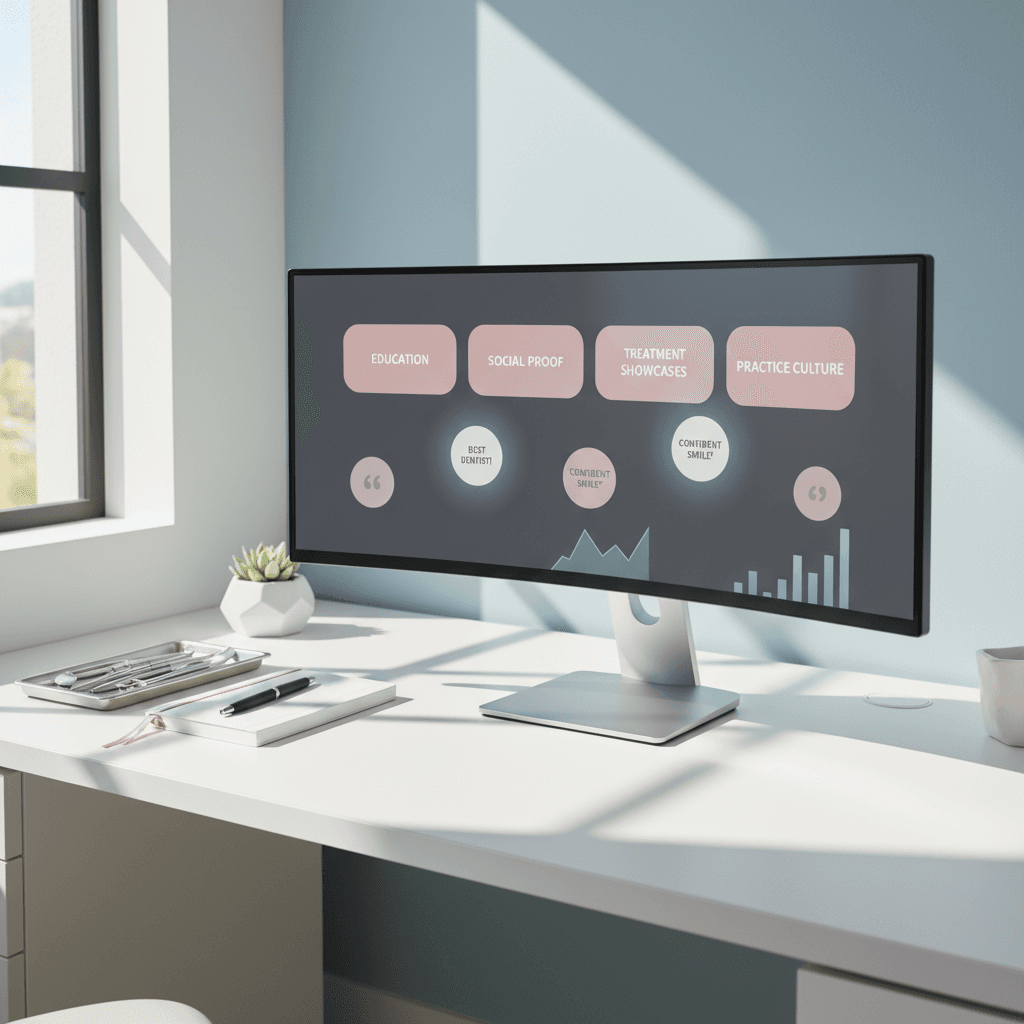 Modern dental workspace with digital dashboard, testimonial bubbles, growth charts, and dental tools.