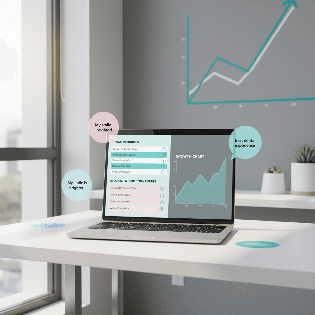 Modern dental workspace with laptop displaying dashboard, testimonial bubbles, and growth chart in clinical tones.