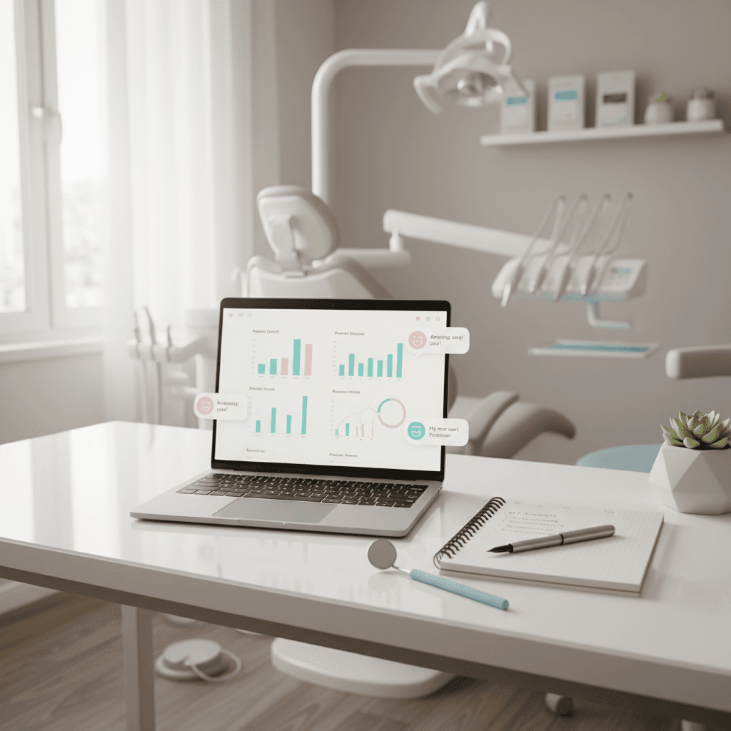 Modern dental workspace with laptop, notes, pen, and mirror in bright, clinical setting.
