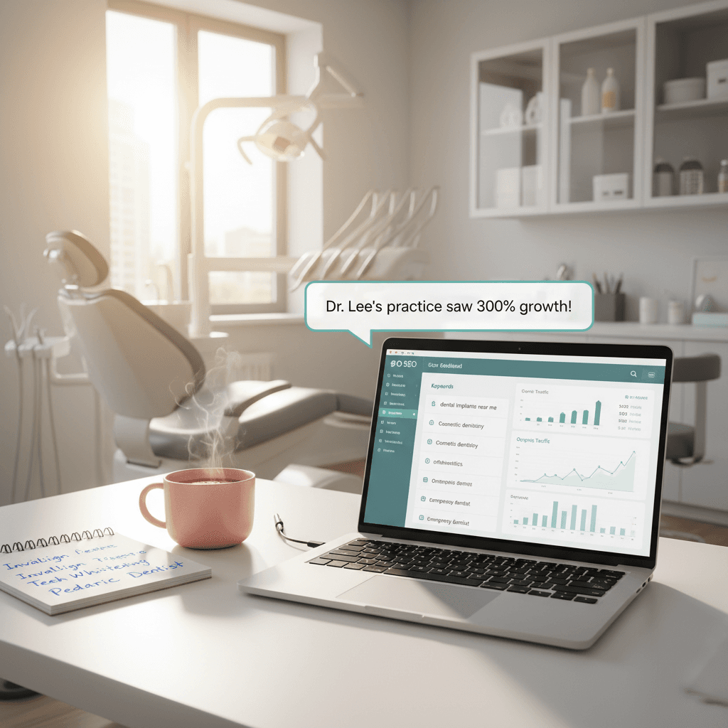 Modern dental workspace with laptop showing SEO dashboard, notepad, mug, and dental clinic background.