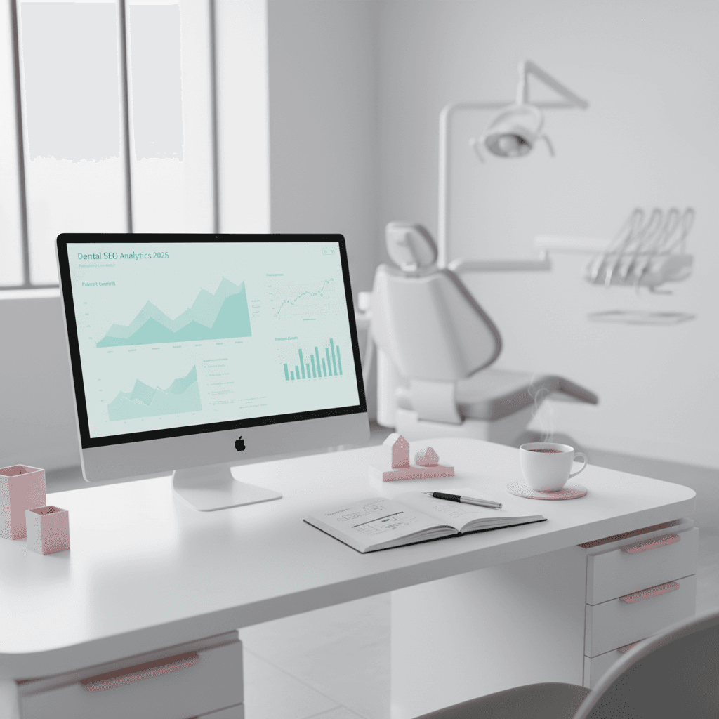 Modern dental workspace with monitor, notes, tea, and clinical tools in bright, clean setting.