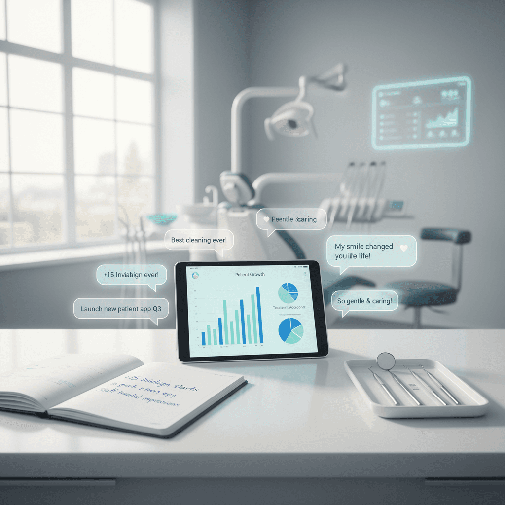 Modern dental workspace with planner, tablet, tools, and treatment room background in bright clinic lighting.