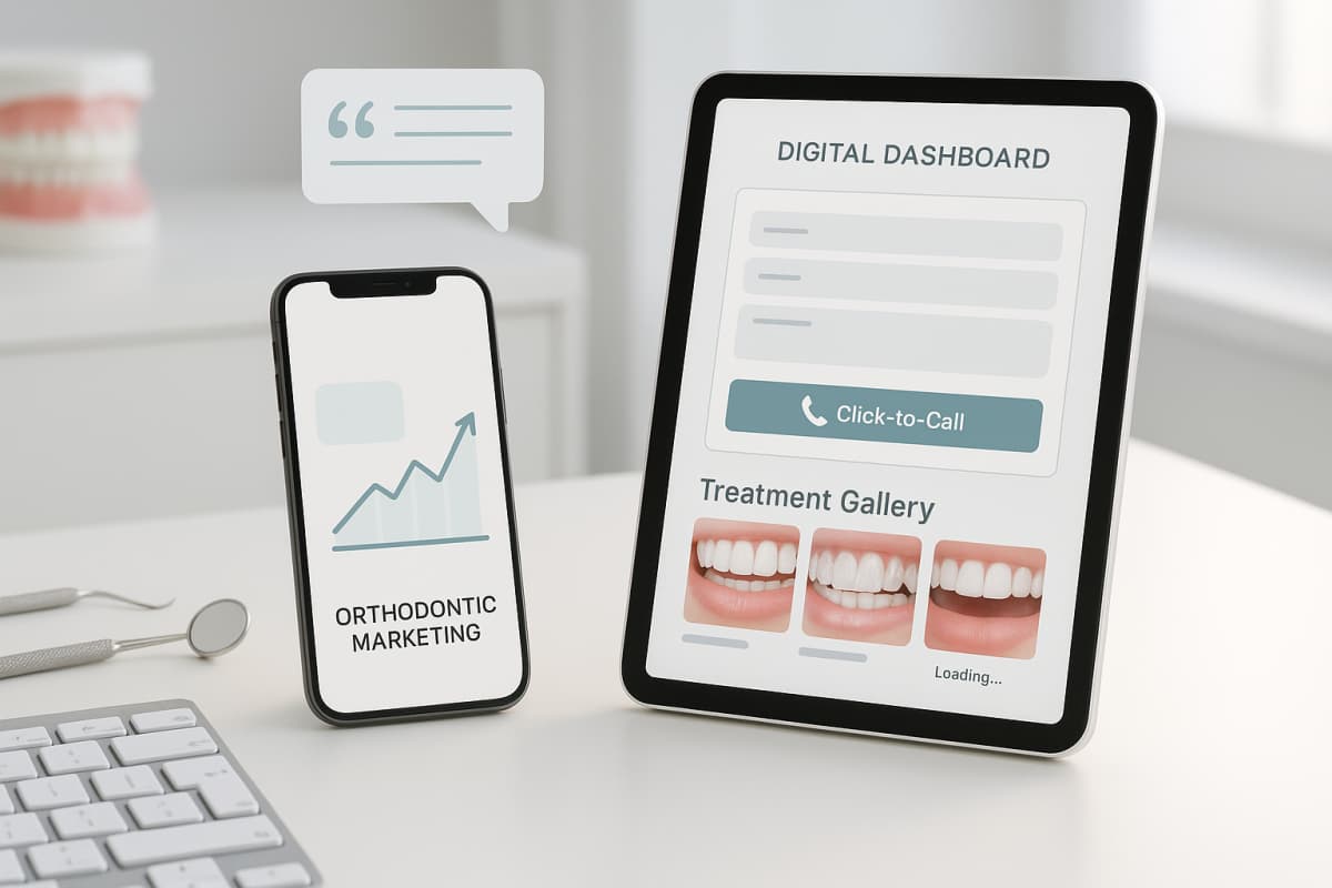 Modern dental workspace with smartphone, tablet, keyboard, digital dashboard, and growth charts.
