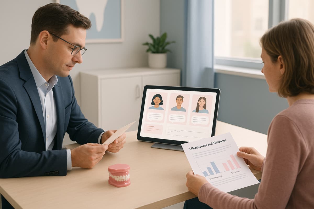 Modern orthodontic consultation room with professionals reviewing digital patient profiles and charts.