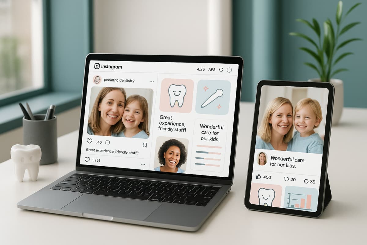Modern pediatric dental office workspace with laptop, tablet, and social media testimonials.