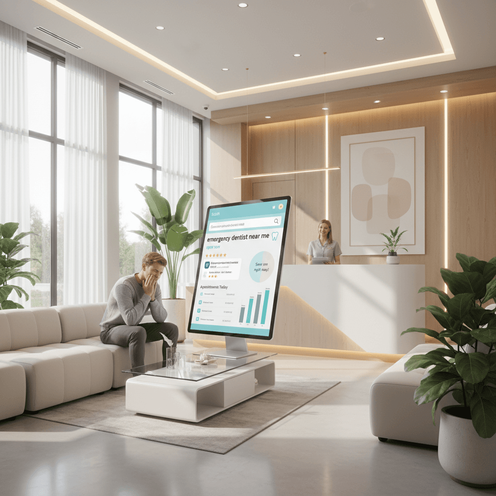 Patient holding cheek in dental clinic reception with digital screen showing emergency search and charts.