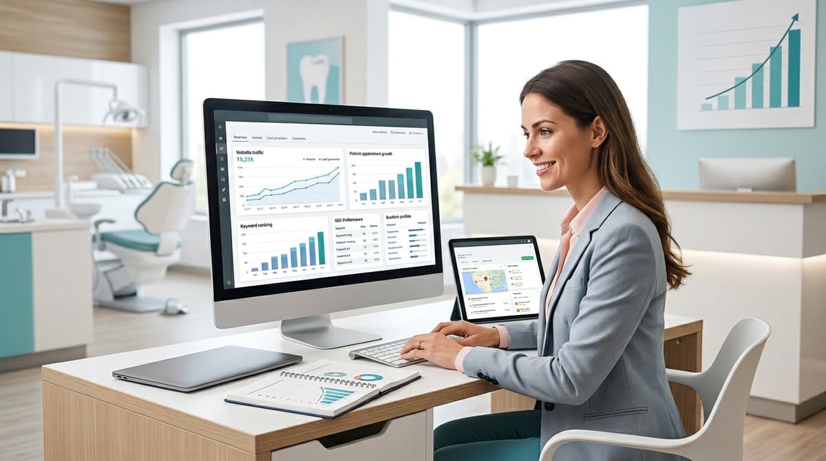 Practice owner reviewing dental SEO performance data on a laptop using DIY tools like Google Search Console and BrightLocal.