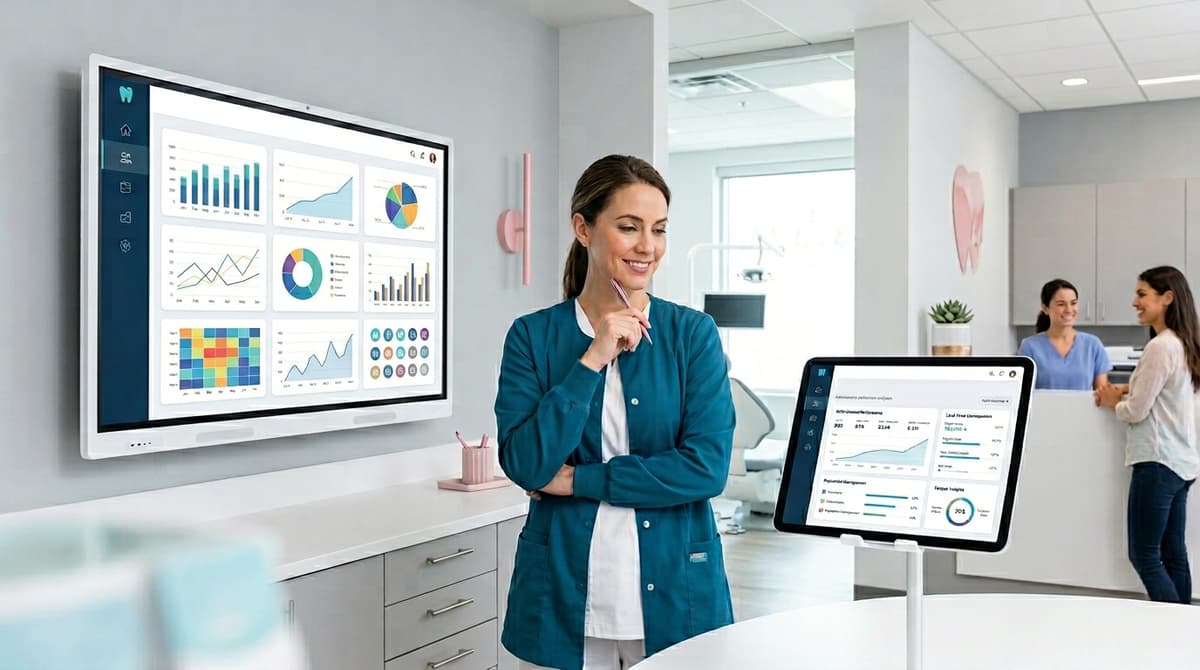 UK dental practice owner comparing SEO management options on a whiteboard, choosing between DIY, hybrid, and full-service agency approaches.