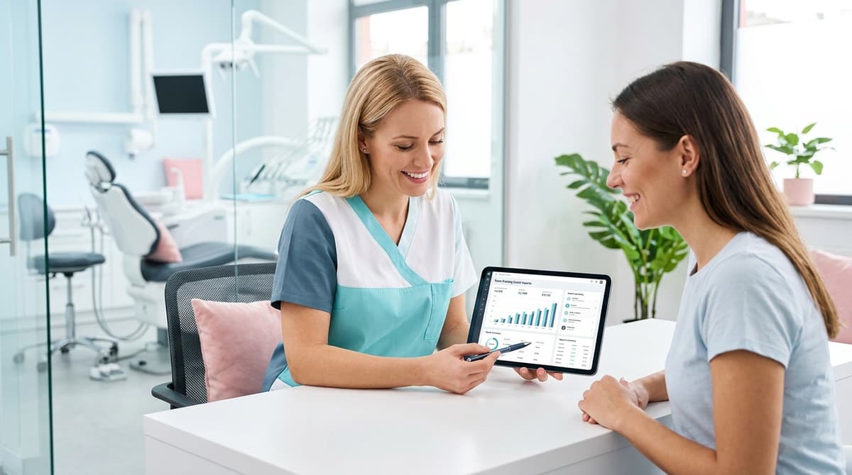 Dental team reviewing a free social media report and patient acquisition actions