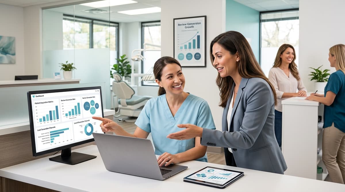 Dental marketing dashboard showing review tracking and patient acquisition sources