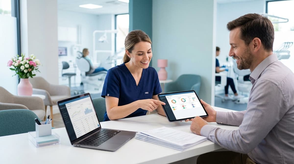 Dental practice reviewing social media report findings