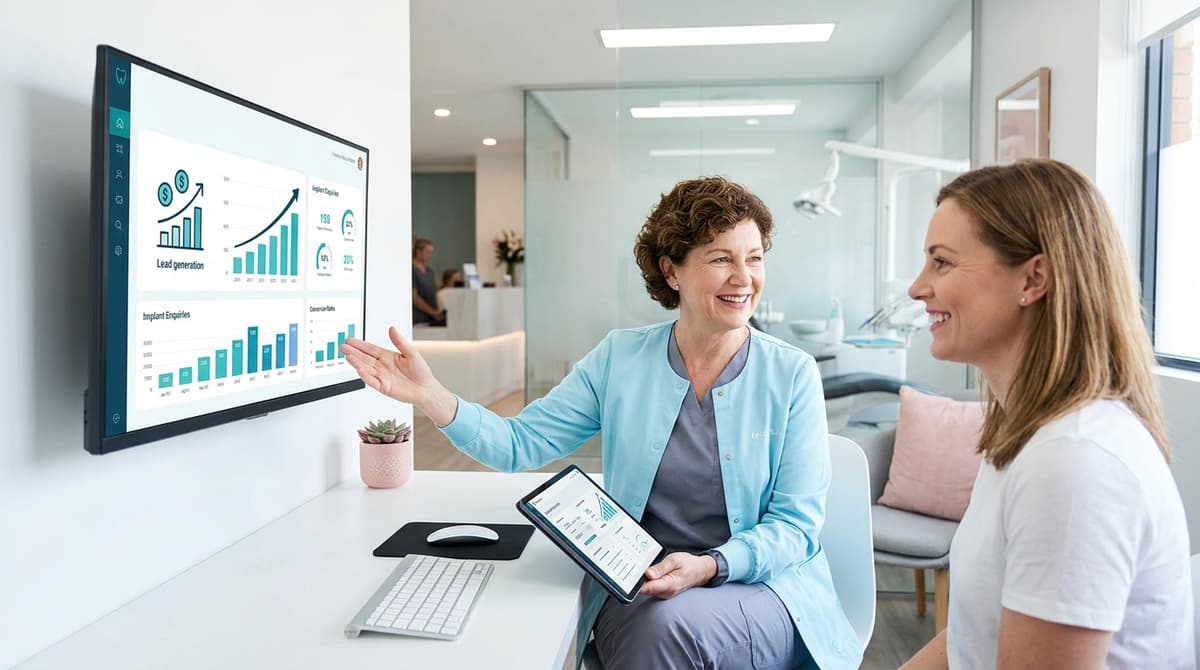 Dashboard showing reputation and consultation metrics for dental implant marketing