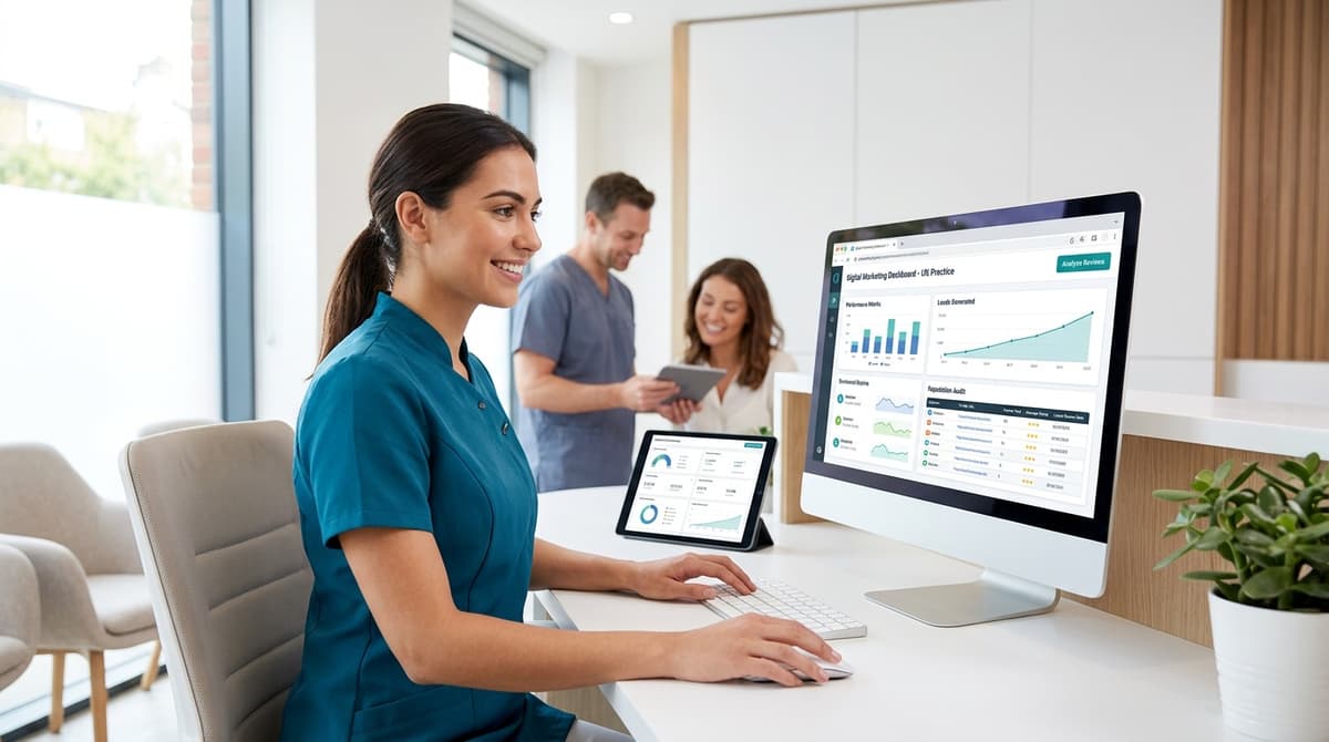 Dental practice owner reviewing an online reputation audit