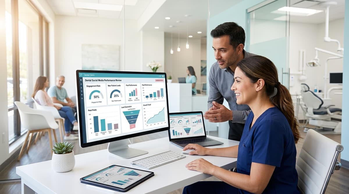 Dental practice team reviewing a free social media management report