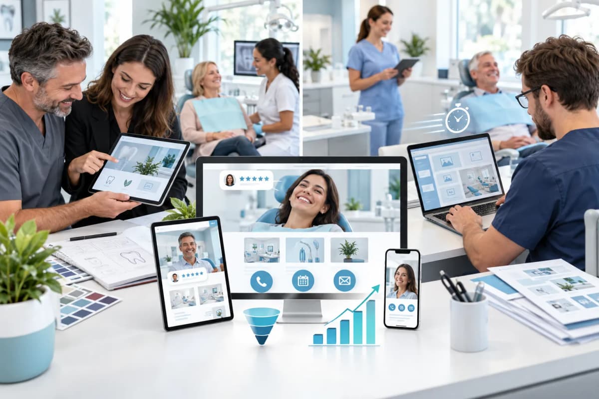 Modern dental practice website design with digital marketing growth graphics