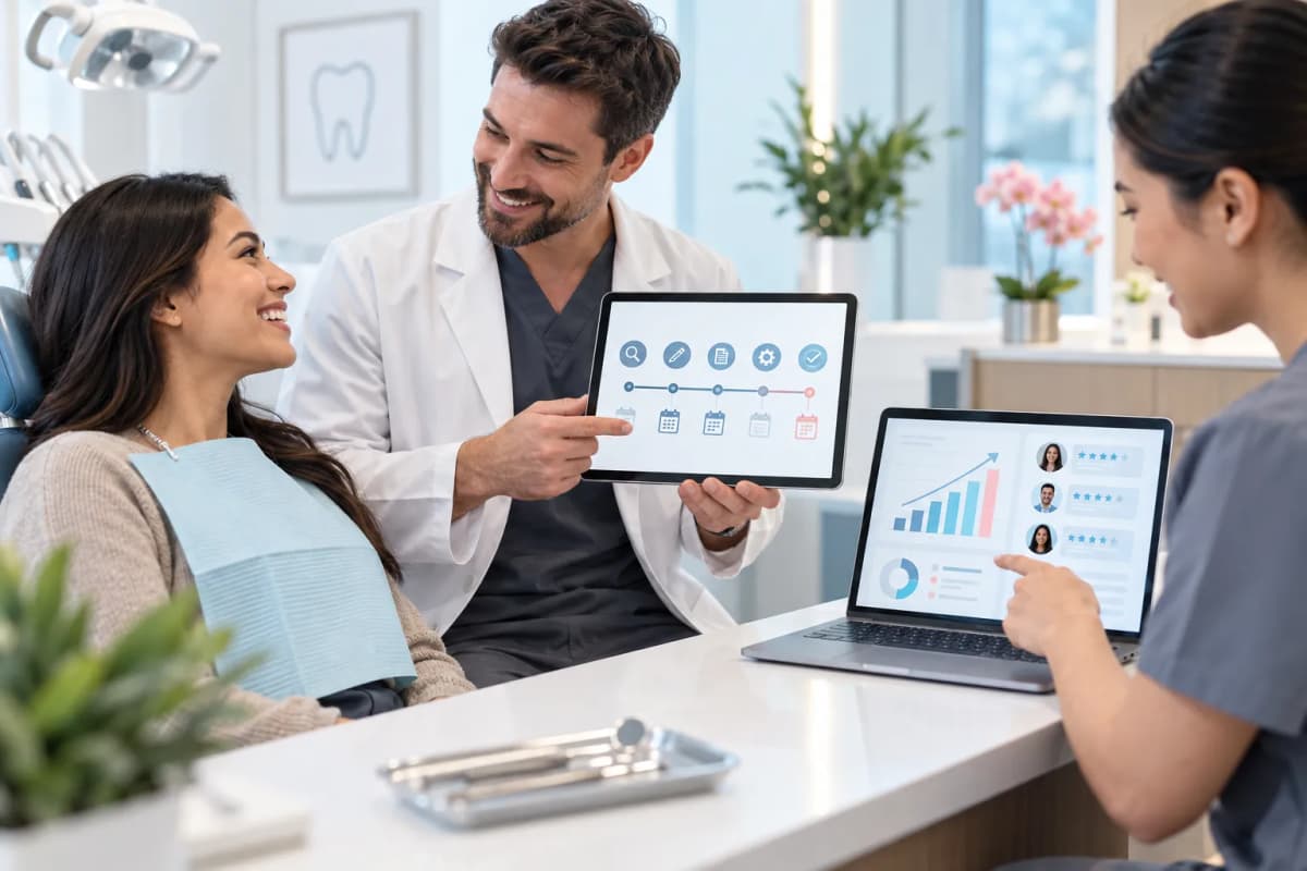 Modern dental website design illustration featuring technology icons and lead generation graphics