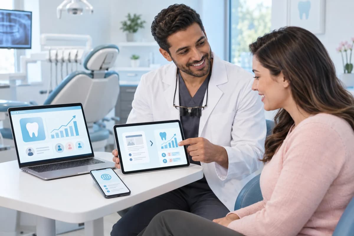 Digital marketing dashboard showing dental leads, website growth, and conversion metrics