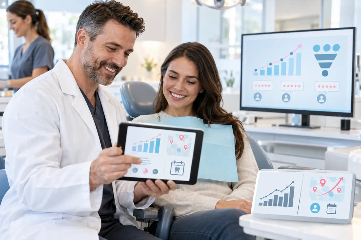 Dental marketing analytics dashboard showing lead generation, technology, and practice growth