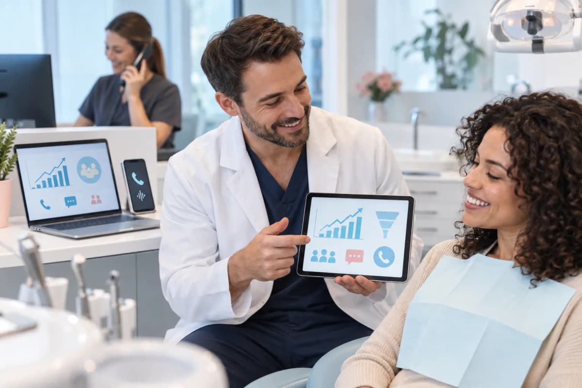 Modern dental practice marketing graphic featuring technology and patient growth icons
