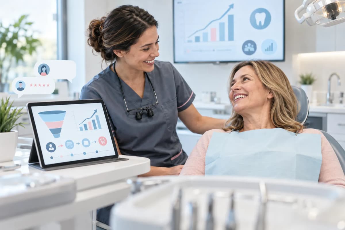 Modern digital marketing dashboard for dental practices showing implant case growth metrics